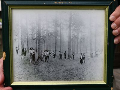 Man holding a black-and-white framed photo that shows African enslaved laborers working at a longleaf pine forest.