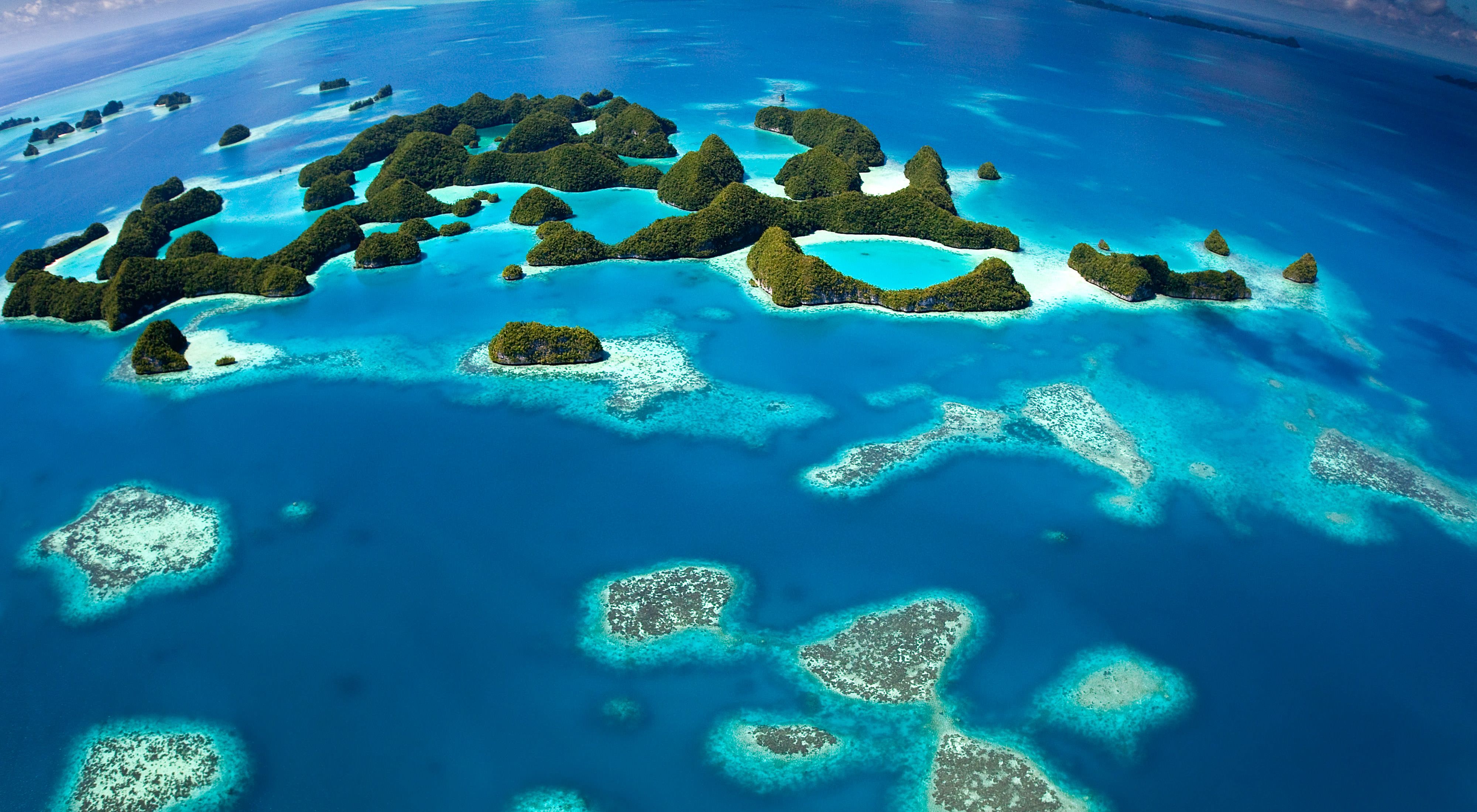 An aerial photo of the Rock Islands in Palau.