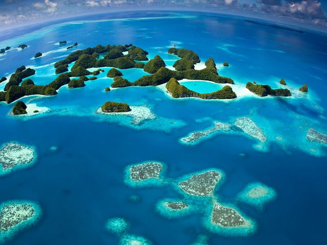 An aerial photo of the islands of Palau.