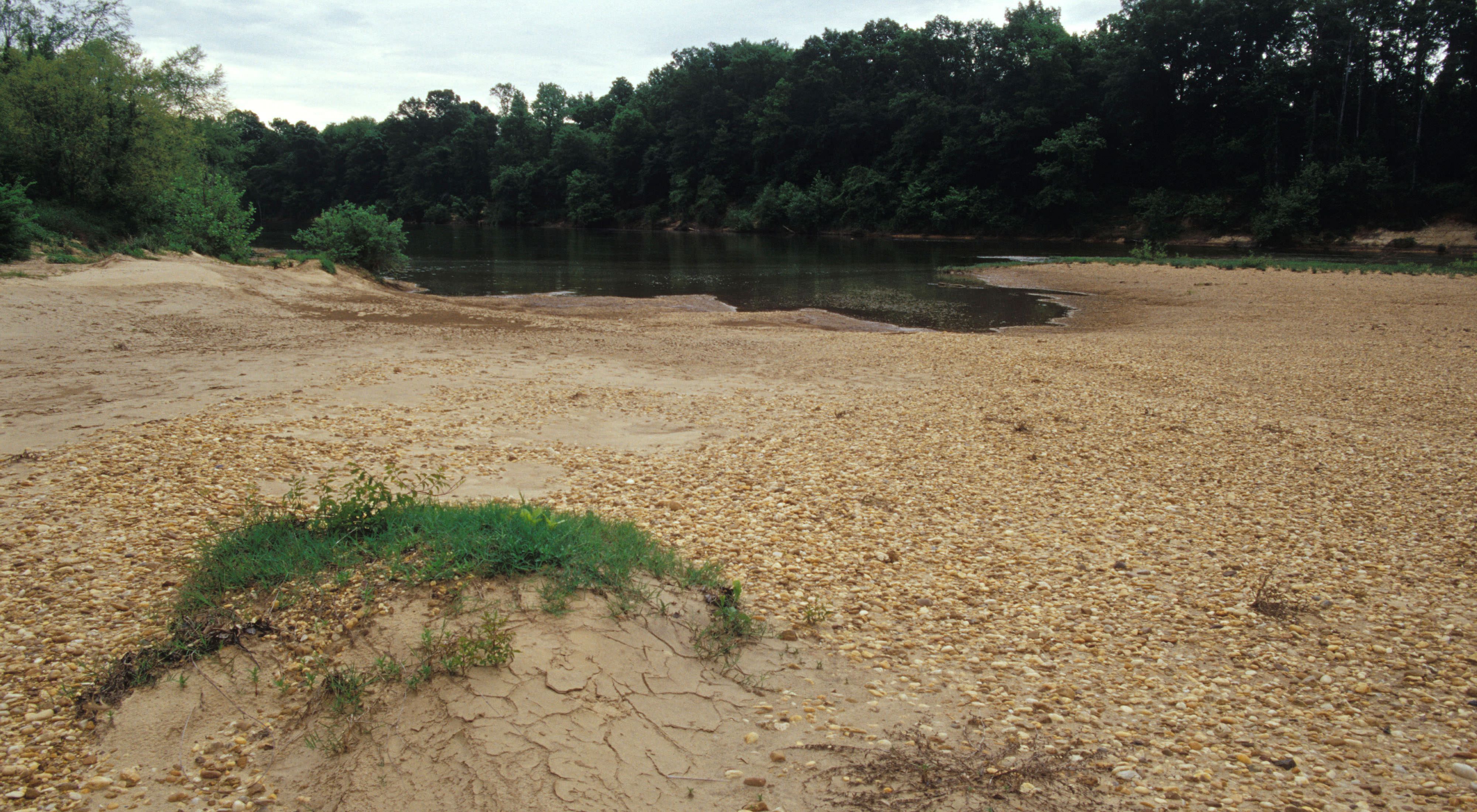 April 2002. Sand and gravel beach, with Cahaba River in mid-distance at Barton's Beach Preserve in Alabama.