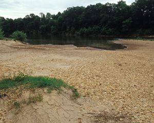 April 2002. Sand and gravel beach, with Cahaba River in mid-distance at Barton's Beach Preserve in Alabama.