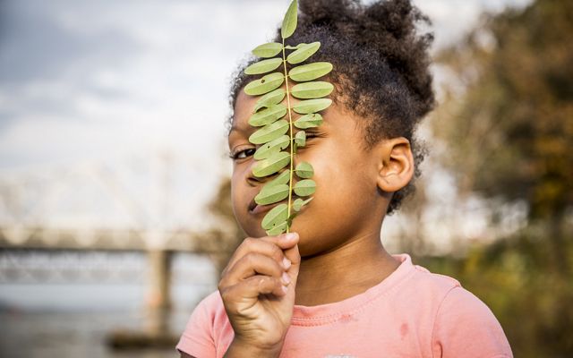 A young girl holds a leaf up in front of her face.