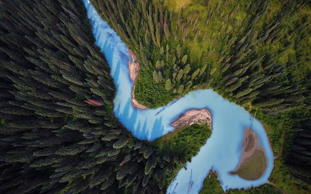 Aerial view of a glacial river in British Columbia.
