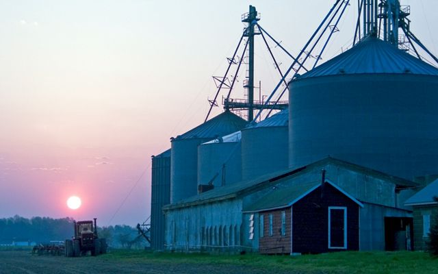 A red tractor drives along next to five tall grain storage silos as the sun rises over the trees at the edge of the farm.
