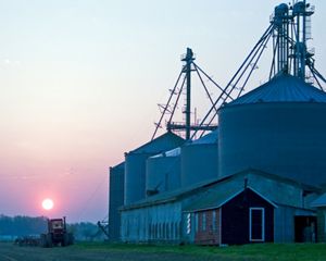 The sun rises over a farm in Maryland. A tractor drives past several low outbuildings flanked by five towering silos.