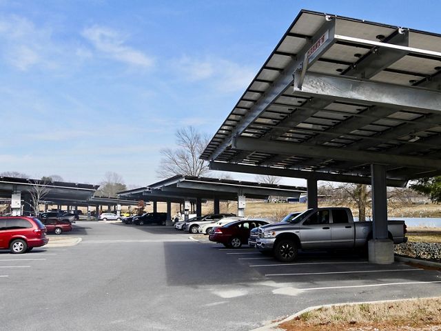 Solar energy capturing structures above Chesapeake College parking lot on Maryland's Eastern Shore.