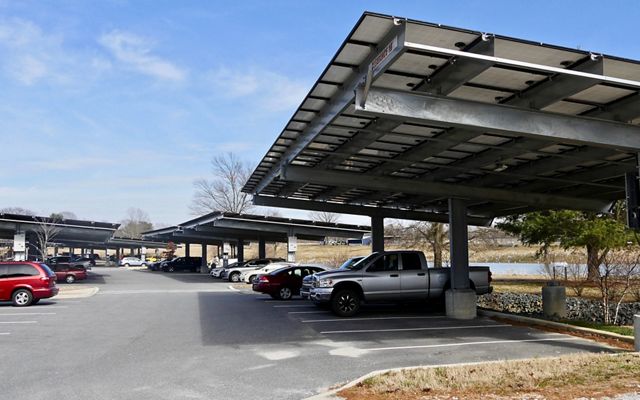 Solar energy capturing structures above Chesapeake College parking lot on Maryland's Eastern Shore.