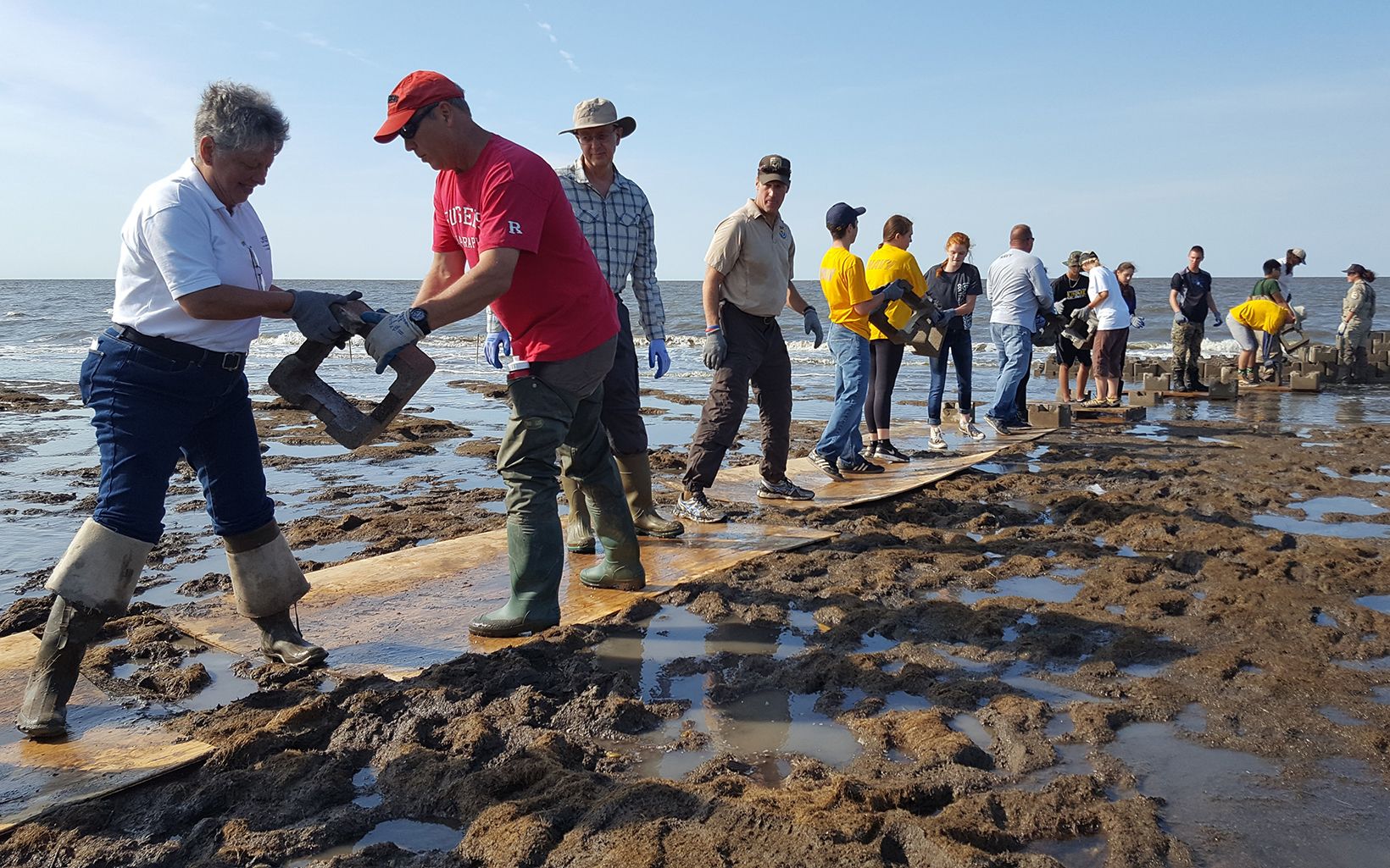 Volunteers pass a cinderblock from person to person to place it as part of an oyster castle in shallow water.