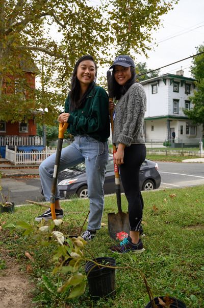 Two people holding shovels stand and while at the sight of a tree planting. A street with houses stands behind them.