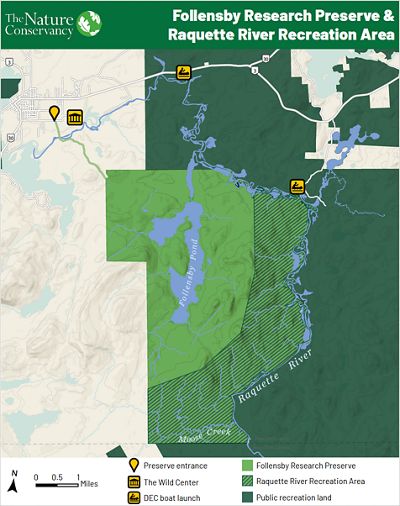 A map shows the two conservation easements on Follensby. 