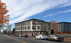 An architectural rendering of a modern, three-story commercial building with dozens of windows and a flat roof under a blue sky.