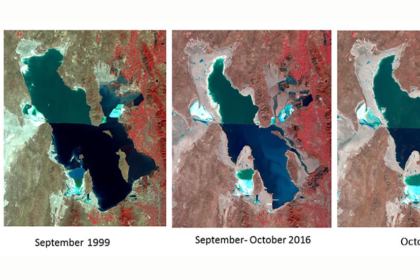 Three satellite maps showing water levels lowering over the years. 