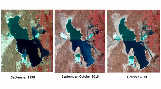 Three satellite maps showing water levels lowering over the years. 