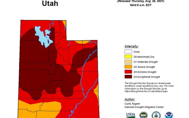 A drawing of Utah showing various drought levels with the entire state in some sort of orange or red color showing that all of Utah is in a drought. 