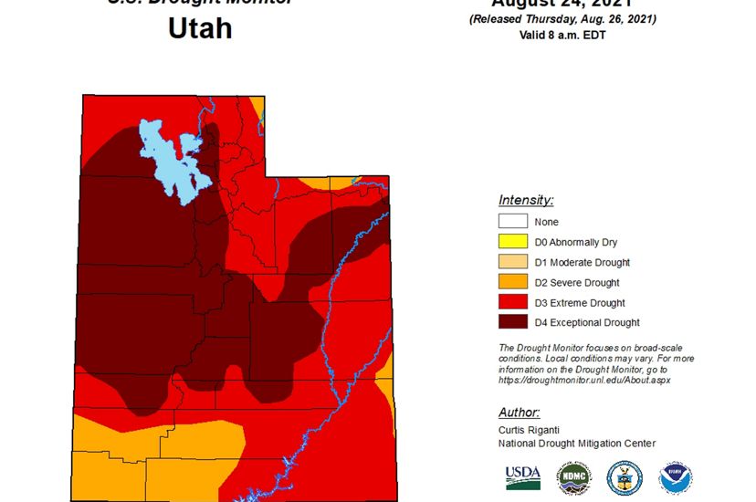 A drawing of Utah showing various drought levels with the entire state in some sort of orange or red color showing that all of Utah is in a drought. 
