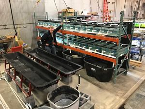 A man stands in a mollusk hatchery facility. The large, industrial space contains a heavy metal rack that is laden with tanks containing juvenile freshwater mussels.