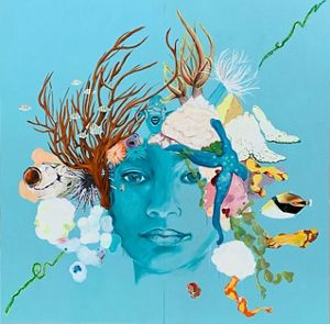 A colorful painting of a young face has some areas that are fading.