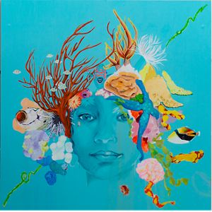 A colorful painting features a young face.