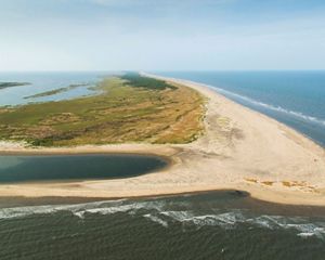 Aerial view of Hog Island, Virginia. The Atlantic Ocean laps against a wide stretch of sand. The back of the island is covered in low scrub and a stand of coastal forest.