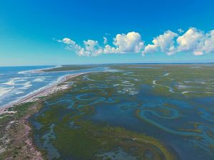 Aerial view of the waterways of the barrier Islands of the Virginia Coastal Reserve.