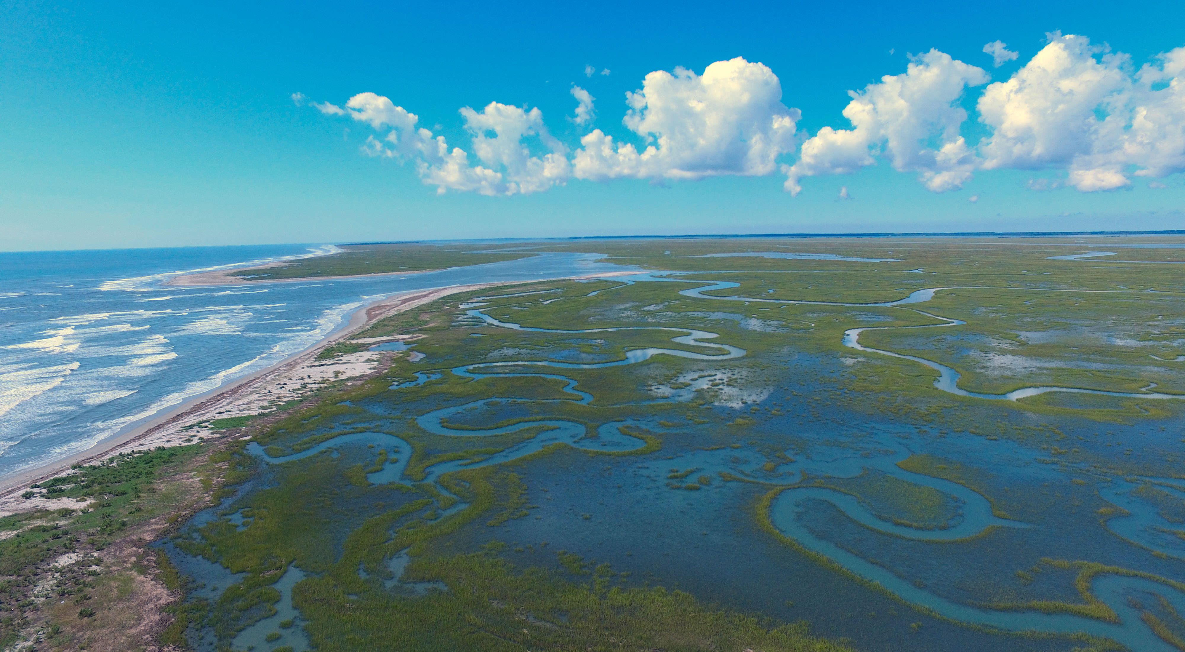 Aerial view of the waterways of the barrier Islands of the Virginia Coastal Reserve.