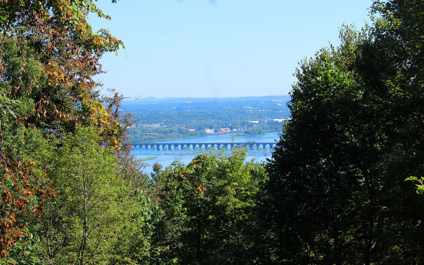 Trees frame a view of a bridge stretching across the Susquehanna.