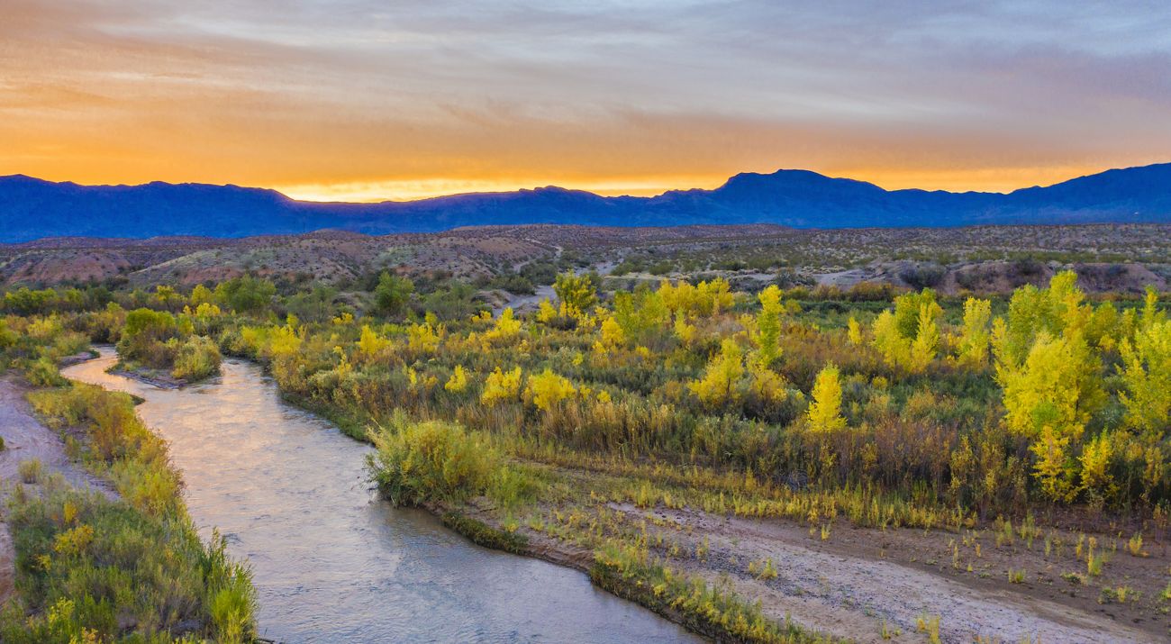 River flowing next to autumn color trees at sunset.