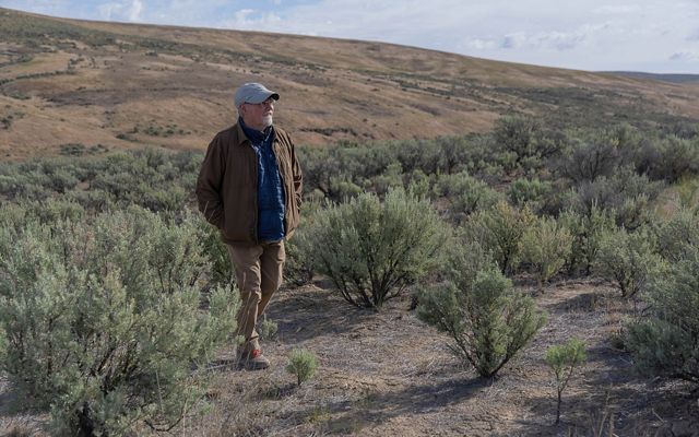 older white man with hat, coat and hiking boots walks among sage green brush with hills stretching behind him