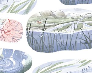 Watercolor painting of water and land.