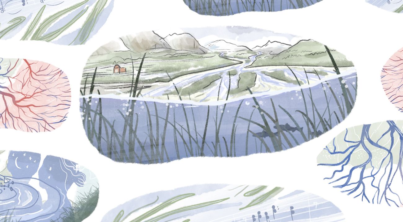 A watercolor of a river and mountains.