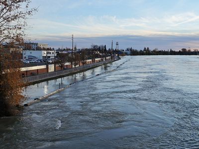 A flooded urban area.