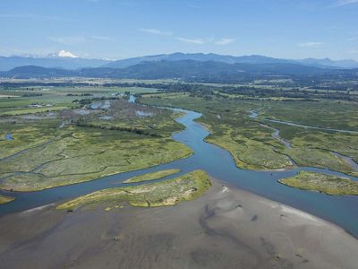 Aerial view of floodplains with mountains in the distance.
