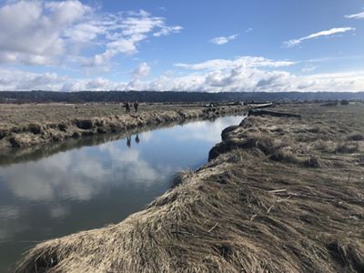 Two people walk along a wide channel that runs within a landscape.