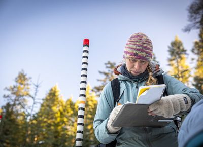 Dr. Emily Howe, TNC ecologist, wears a knit hat and winter clothing and looks at a notebook while standing in a snowy forest.