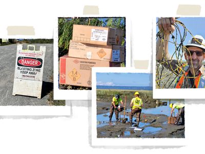 A series of four Polaroid photos showing people working to restore an estuary, signage at the site, boxes of explosives, and a man holding up blasting wires.