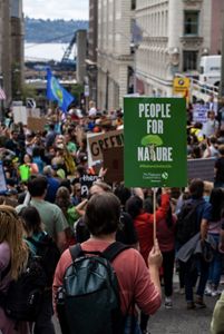 A person holding a green sign.