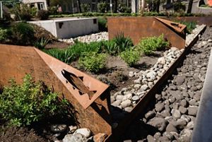 Runoff passes through a series of natural filters to rain gardens below.