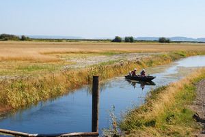 2 people in a small boat in an estuary.