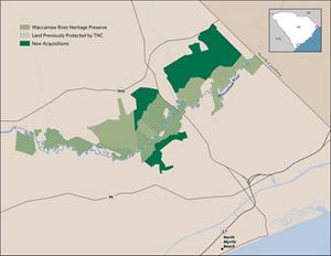 A map features properties, in different shades of green, that will be part of a preserve.