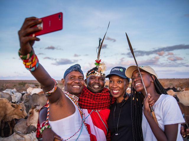 Wahu and Tumiso Mathenge meet Samburu herder Paul, pictured with local guide Sam Brown in Laikipia, Kenya.