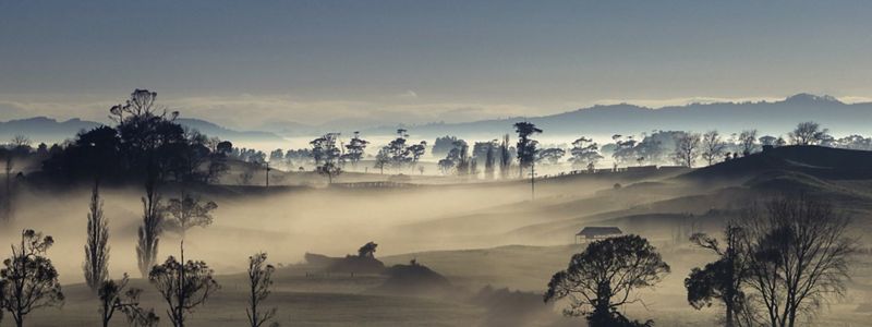 A landscape of rolling hills and trees is shrouded in mist at dawn.