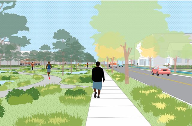 Digital rendering of a young man walking through a park that has implemented Green Stormwater Infrastructure (GSI)