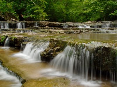 Small waterfalls emerge from brown rocks dividing a creek.