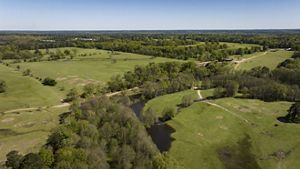 A mosaic of green fields, forest, and river.