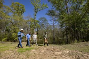 Four men walk along the edge of a riverbank lined with trees.