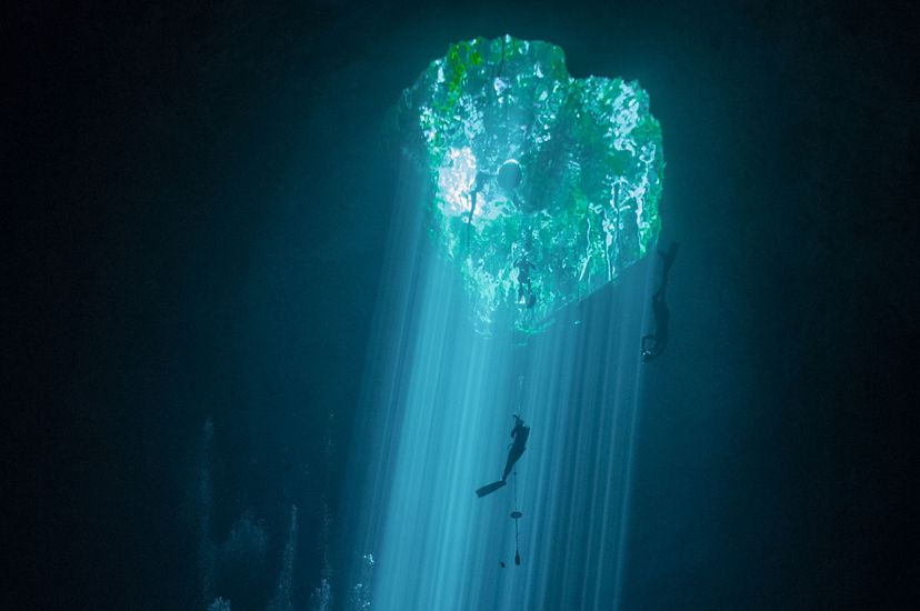 Três níveis de diversão: nadadores, mergulhadores livres e mergulhadores com tubo de oxigênio aproveitam suas respectivas atividades num corpo de água doce conhecido localmente como Cenote.