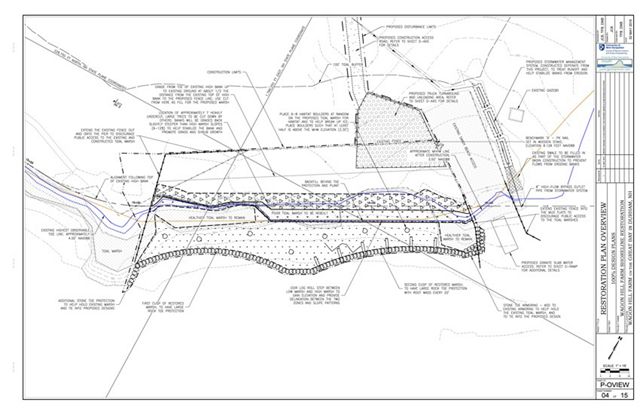 This detailed engineering drawing describes the design for the Wagon Hill Farm living shoreline project.
