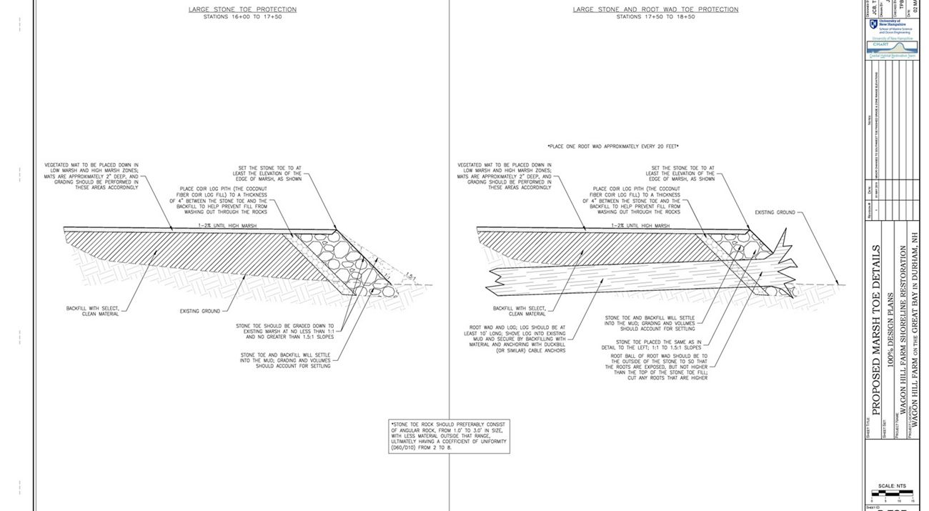 Engineering drawings show side-by-side designs for toe protection as part of a living shoreline.