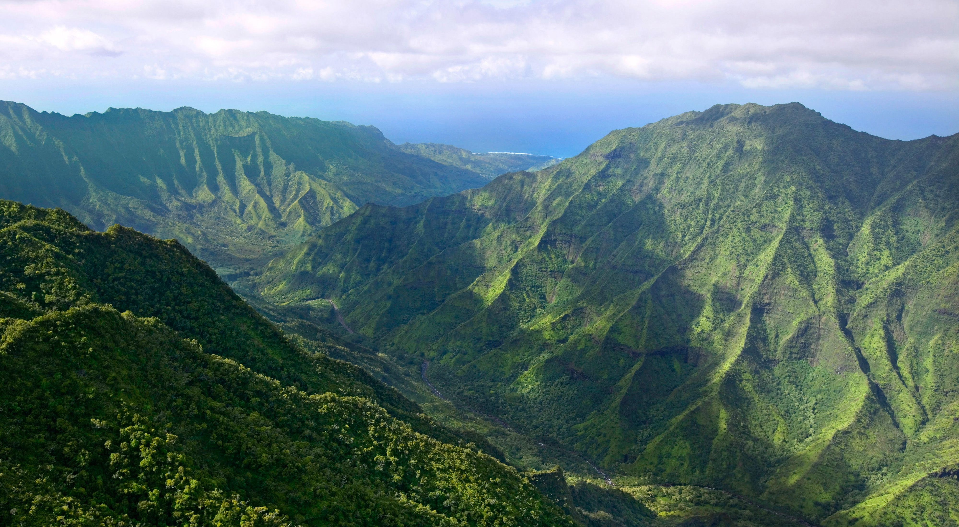 Aerial view of the rugged mountains of Wainiha Valley in Kauai, Hawaii.