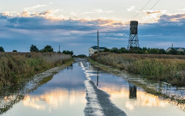A road with tall grasses on both sides is flooded with water showing a reflection of the setting sun.